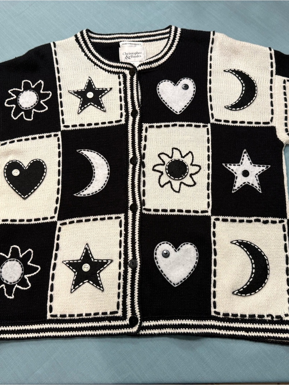 Christopher & Banks Black and White Patchwork Motif Cardigan